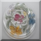 G90. 8 Colored pressed glass dessert plates with flower design. 8”w - $18 for the set 